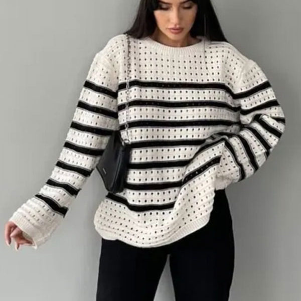 Pullover Jewel Neck Long Sleeves Stripped Hollow Sweaters