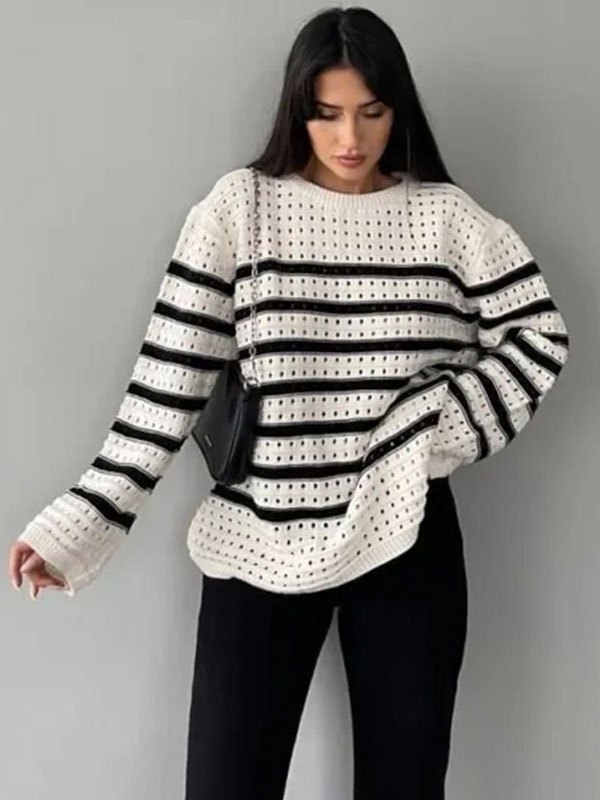 Pullover Jewel Neck Long Sleeves Stripped Hollow Sweaters