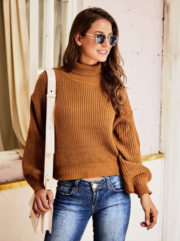 Pullover Sweater Khaki Turtleneck Long Sleeves Acrylic Sweaters