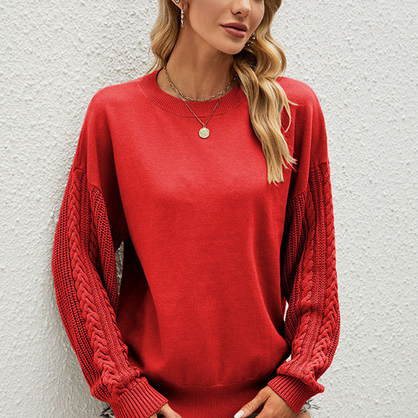 Red Jewel Neck Long Sleeves Sweaters - Image 5