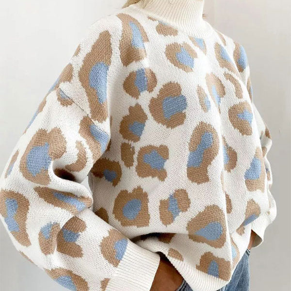 Leopard Print High Collar Long Sleeves Acrylic Sweaters - Image 5