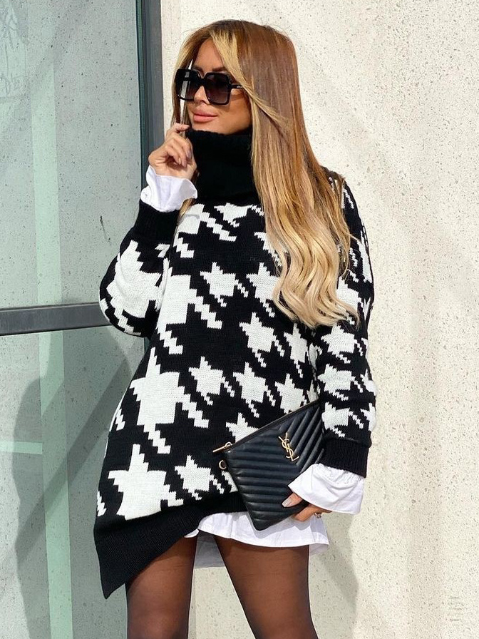 Pullover Sweater Black Geometric High Collar Long Sleeves Sweaters
