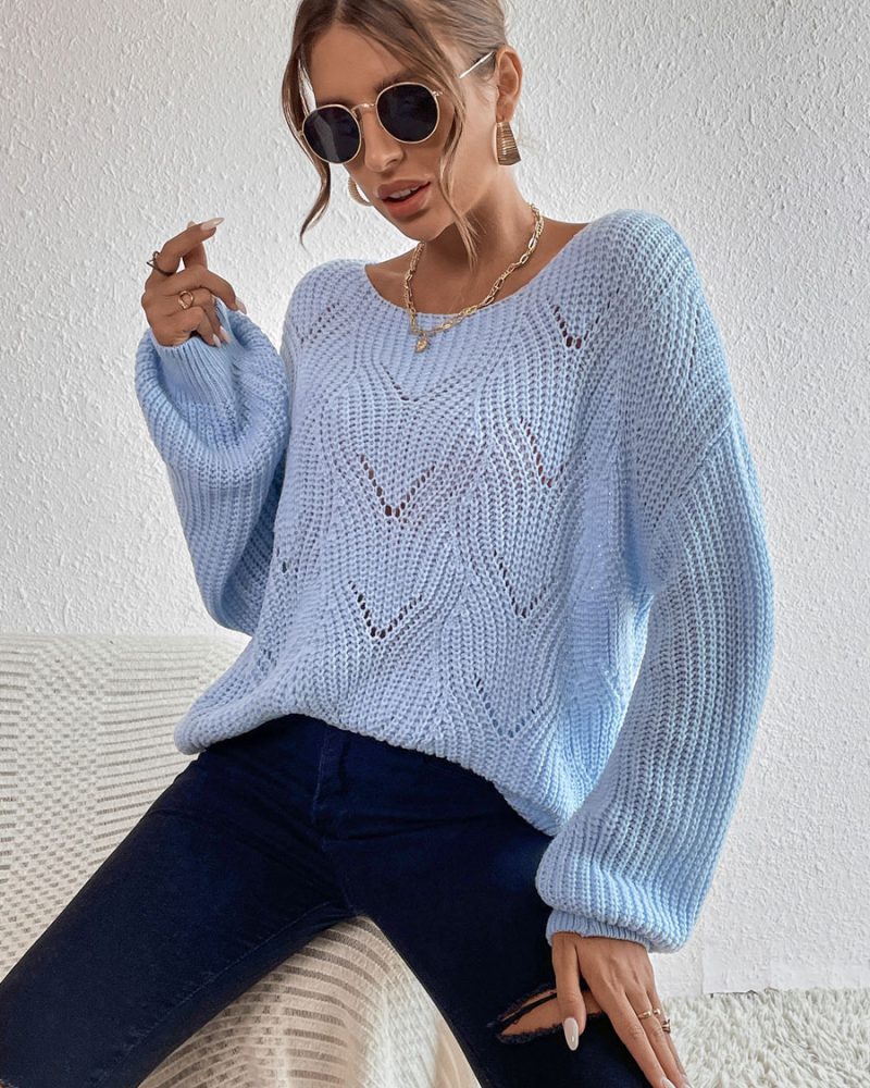 Light Sky Blue Jewel Neck Long Sleeves Cotton Sweaters