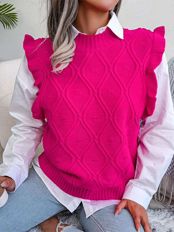 Ruffles Jewel Neck Sleeveless Acrylic Sweaters