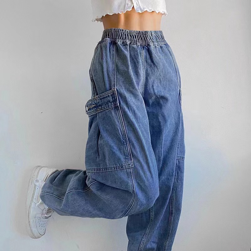 Retro High Street Multi Pocket Blue Washed High Waist Jeans