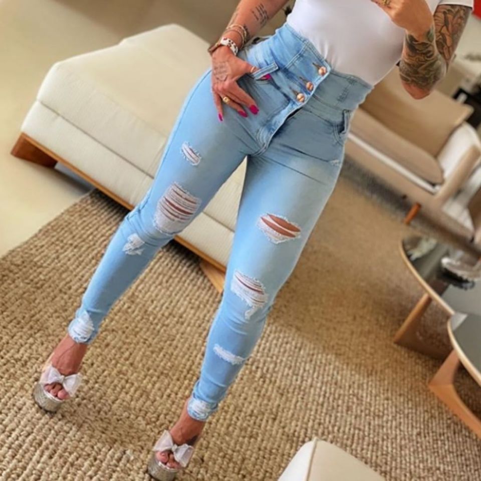 Criss Cross Lace Up Ripped Sexy High Waist Elastic Long Pencil Denim Jeans