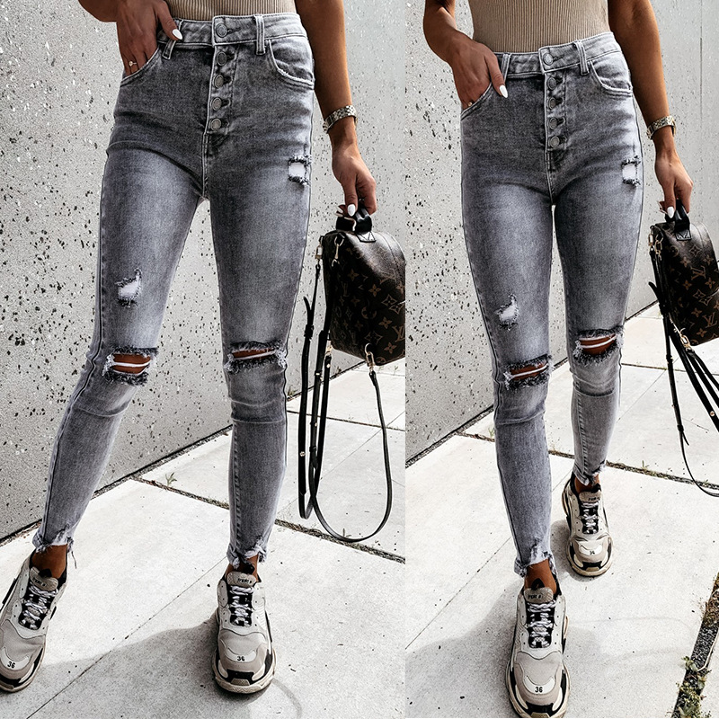 Skinny Ripped Trousers Y2k Pencil Long Pants Solid Jeans