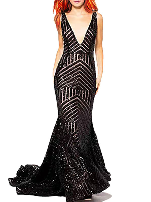 Bridal Dress V-Neck Sleeveless Mermaid Sequins With Train Guest Maxi Dresses