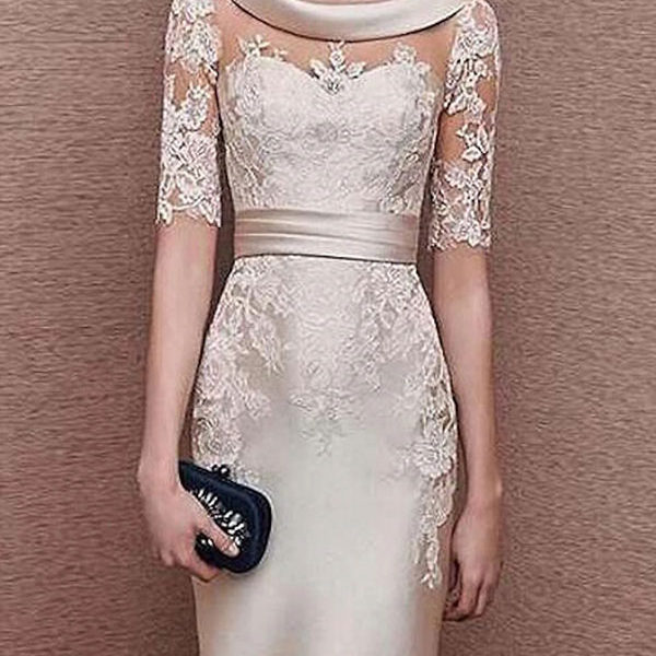 Bridal Jewel Neck Half Sleeves Sheath Lace Tea-Length Maxi Dresses