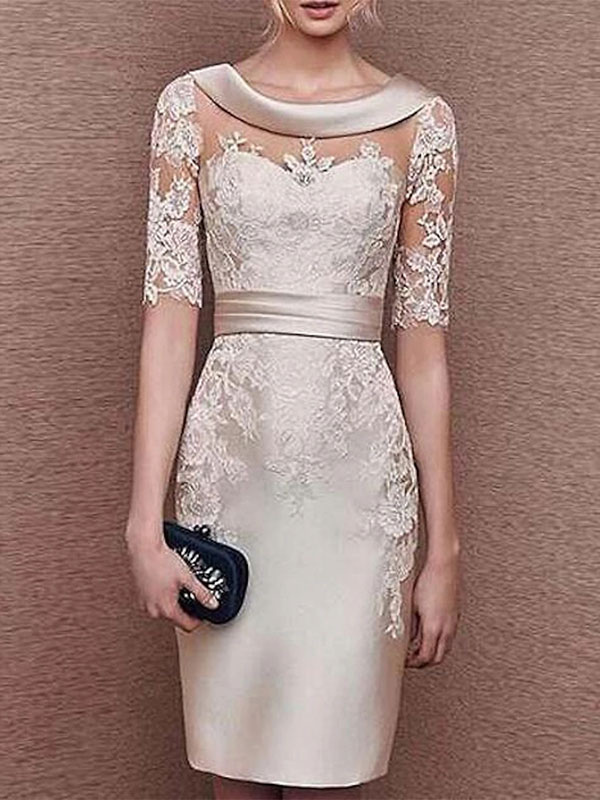 Bridal Jewel Neck Half Sleeves Sheath Lace Tea-Length Maxi Dresses