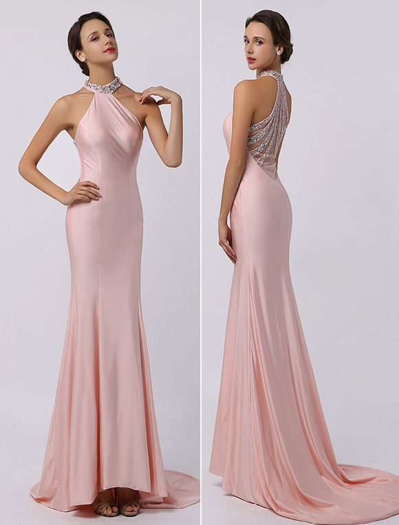 Peach Prom Long Tulle Beading Chiffon Party Maxi Dress
