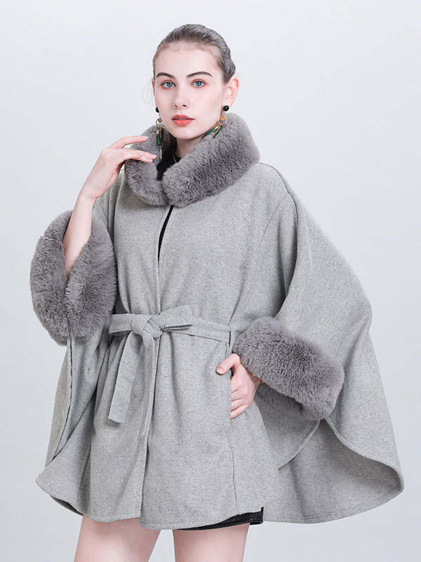 High Collar Light Gray Oversized Faux Fur Poncho Cape