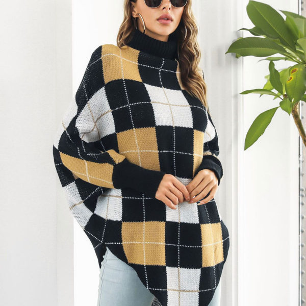 Plaid High Collar Oversized Spring Outerwear Poncho Capes