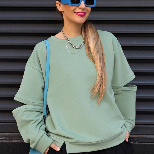 Green Long Sleeves Letters Print Cut Out Polyester Sweaters