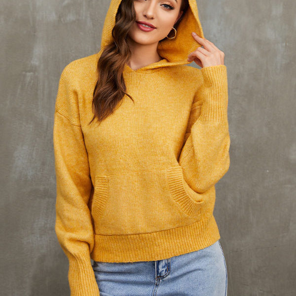 Gold Hooded Long Sleeves Acrylic Sweaters