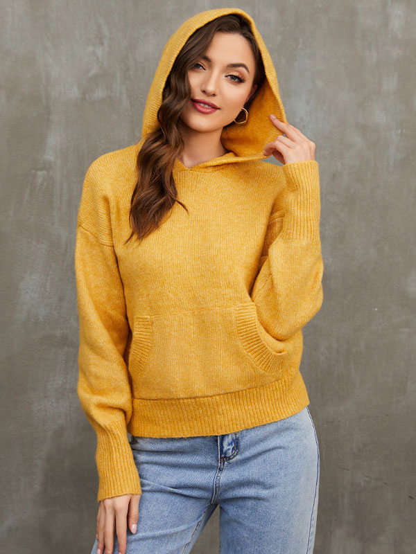 Gold Hooded Long Sleeves Acrylic Sweaters