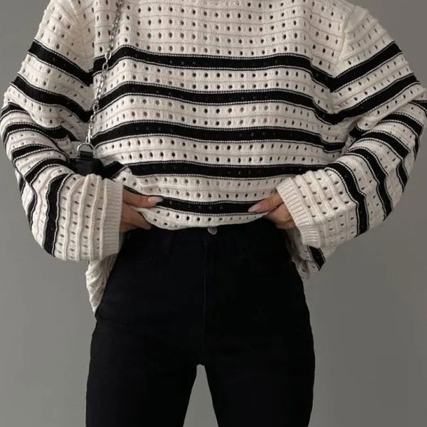 Pullover Jewel Neck Long Sleeves Stripped Hollow Sweaters - Image 5