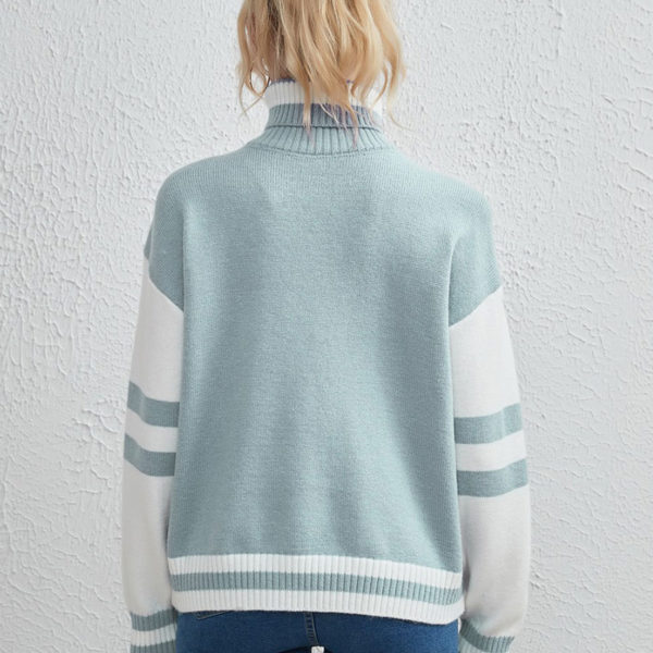 Pullover Sweater Two-Tone Turtleneck Long Sleeves Sweaters - Image 4