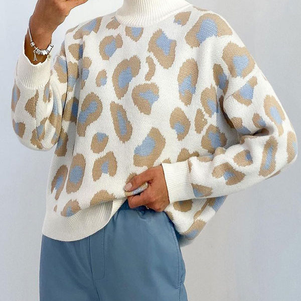 Leopard Print High Collar Long Sleeves Acrylic Sweaters