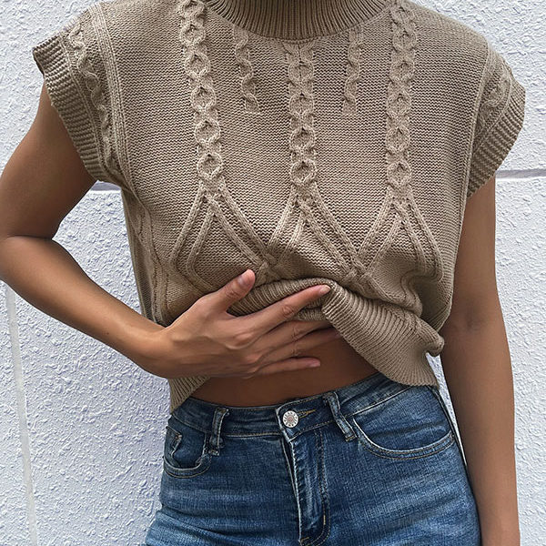 Coffee Brown High Collar Sleeveless Sweaters - Image 5
