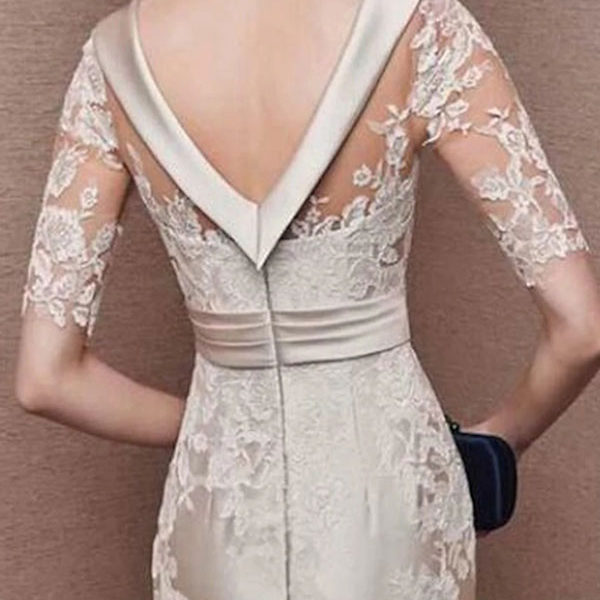 Bridal Jewel Neck Half Sleeves Sheath Lace Tea-Length Maxi Dresses - Image 3