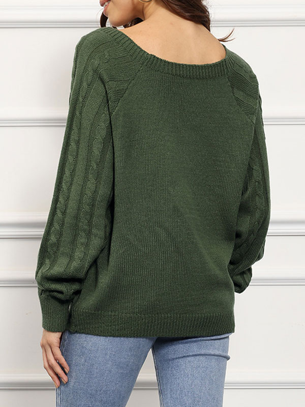 Khaki Buttons Square Neck Long Sleeves Acrylic Sweaters