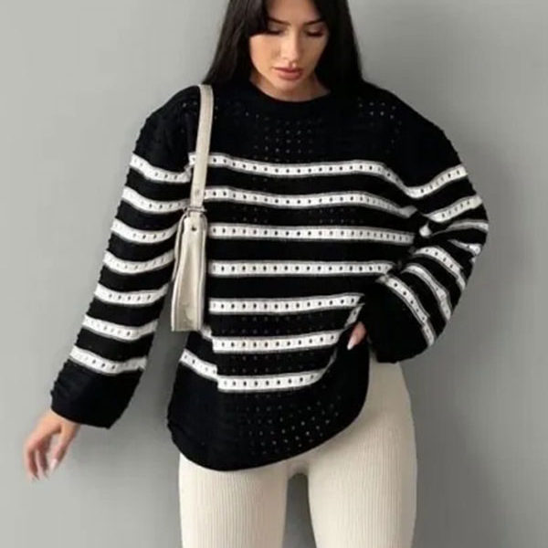 Pullover Jewel Neck Long Sleeves Stripped Hollow Sweaters - Image 4