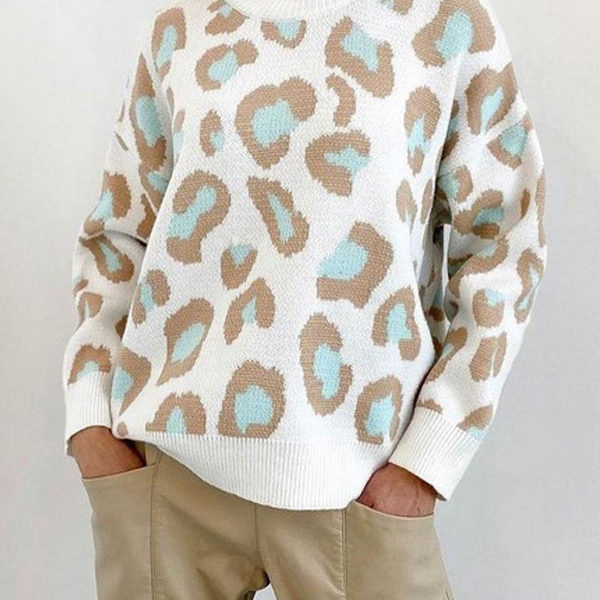 Leopard Print High Collar Long Sleeves Acrylic Sweaters - Image 3
