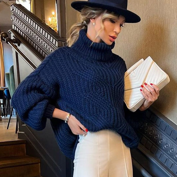 Dark Navy Turtleneck Long Sleeves Acrylic Sweaters - Image 5