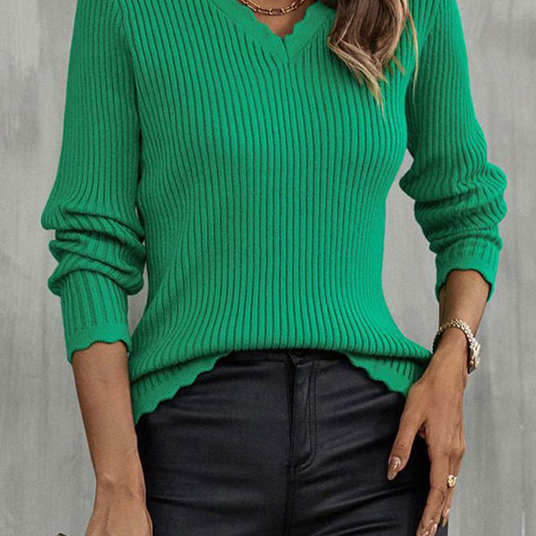 Pullover Sweater Green V-Neck Long Sleeves Acrylic Sweaters - Image 5