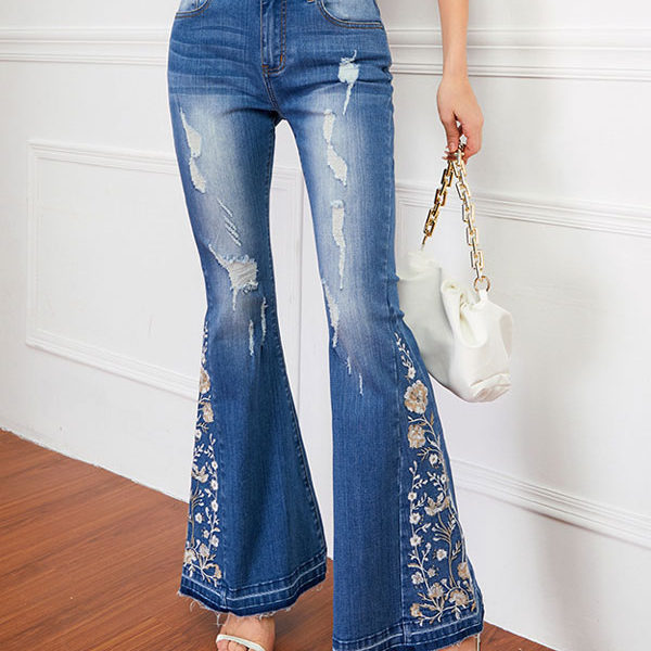 Mid Rise Embroidered Ripped Bell Bottoms Flare Jeans - Image 6