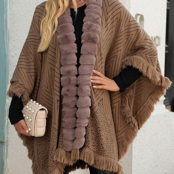 Geometric Khaki Warm Outerwear Poncho Capes - Image 2