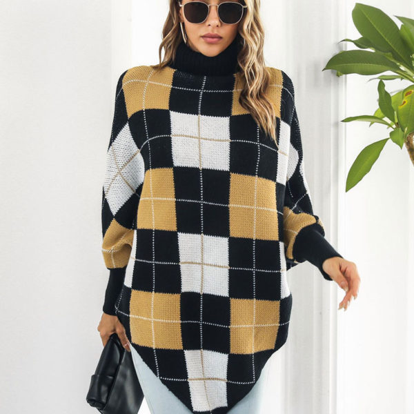 Plaid High Collar Oversized Spring Outerwear Poncho Capes - Image 6