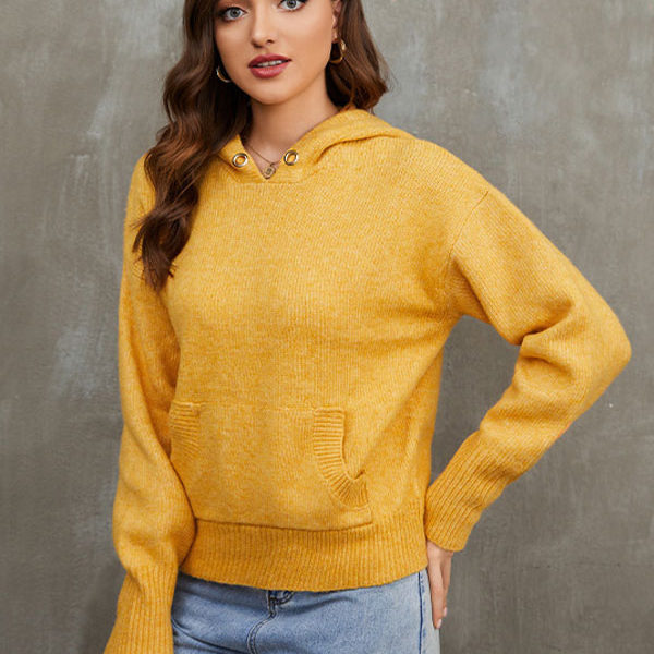 Gold Hooded Long Sleeves Acrylic Sweaters - Image 2