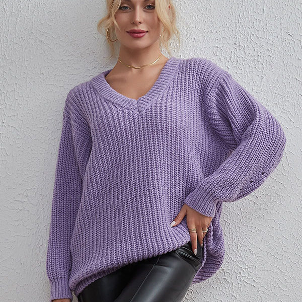 Ribbed V-Neck Cut Out Long Sleeves Sweaters - Image 4
