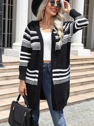 Sweaters Cardigans Stripes Long Sleeves Hooded Outerwear