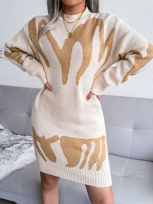 Geometric Long Sleeves High Collar Knitted Dress For Women