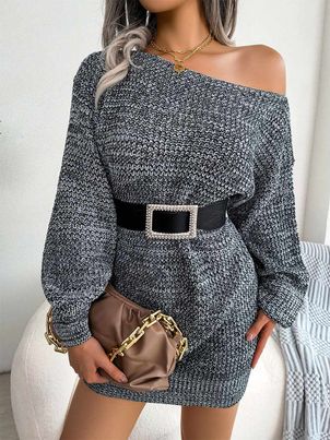 Long Sleeves One-Shoulder Knitted Dress For Women