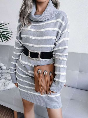 Stripes Acrylic Long Sleeves High Collar Women's Knitted Dress