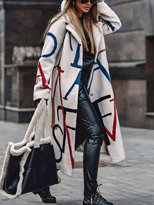 Woman Coat Printed Turndown Collar White Outerwear