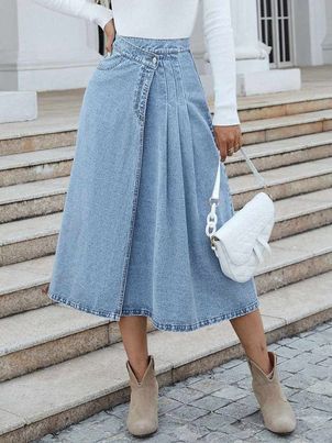 Denim Skirt Blue Mid Length Autumn Bottoms For Women