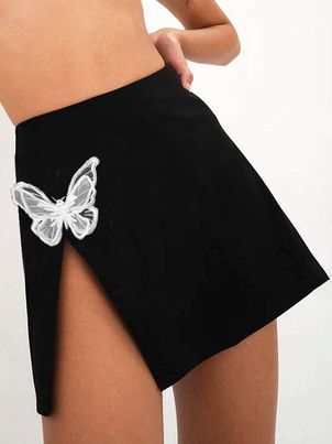 Black Split Front Short Raised Waist High-slit Women Skirt