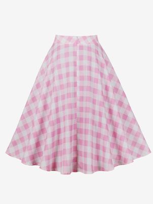 Barbie Pink Gingham Skirt Plaid Mid-calf Length Women Bottoms