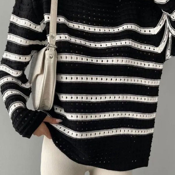 Pullover Jewel Neck Long Sleeves Stripped Hollow Sweaters - Image 3