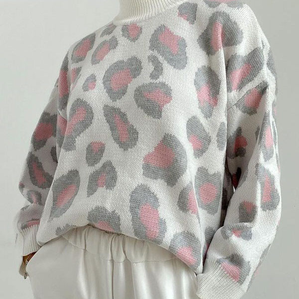 Leopard Print High Collar Long Sleeves Acrylic Sweaters - Image 2