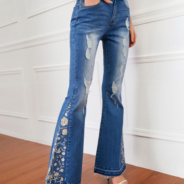 Mid Rise Embroidered Ripped Bell Bottoms Flare Jeans - Image 5
