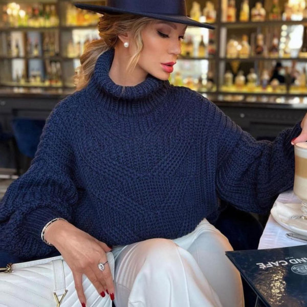 Dark Navy Turtleneck Long Sleeves Acrylic Sweaters - Image 4