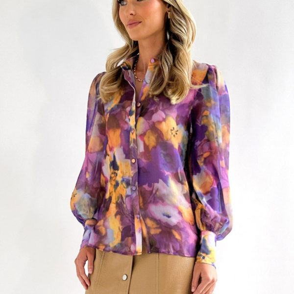 Floral Turndown Collar Casual Long Sleeves Shirt - Image 3