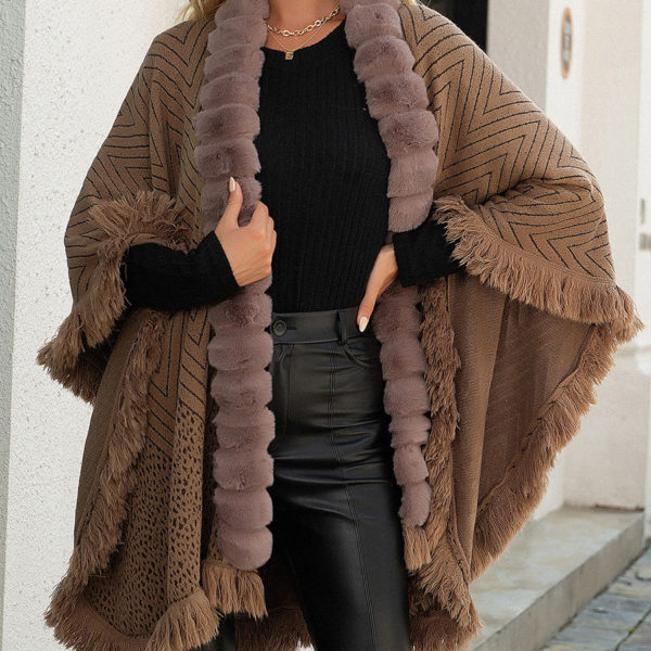 Geometric Khaki Warm Outerwear Poncho Capes - Image 6
