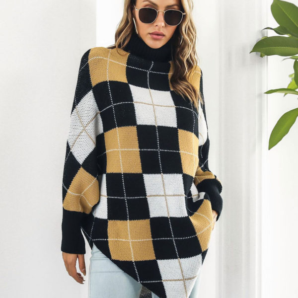 Plaid High Collar Oversized Spring Outerwear Poncho Capes - Image 5